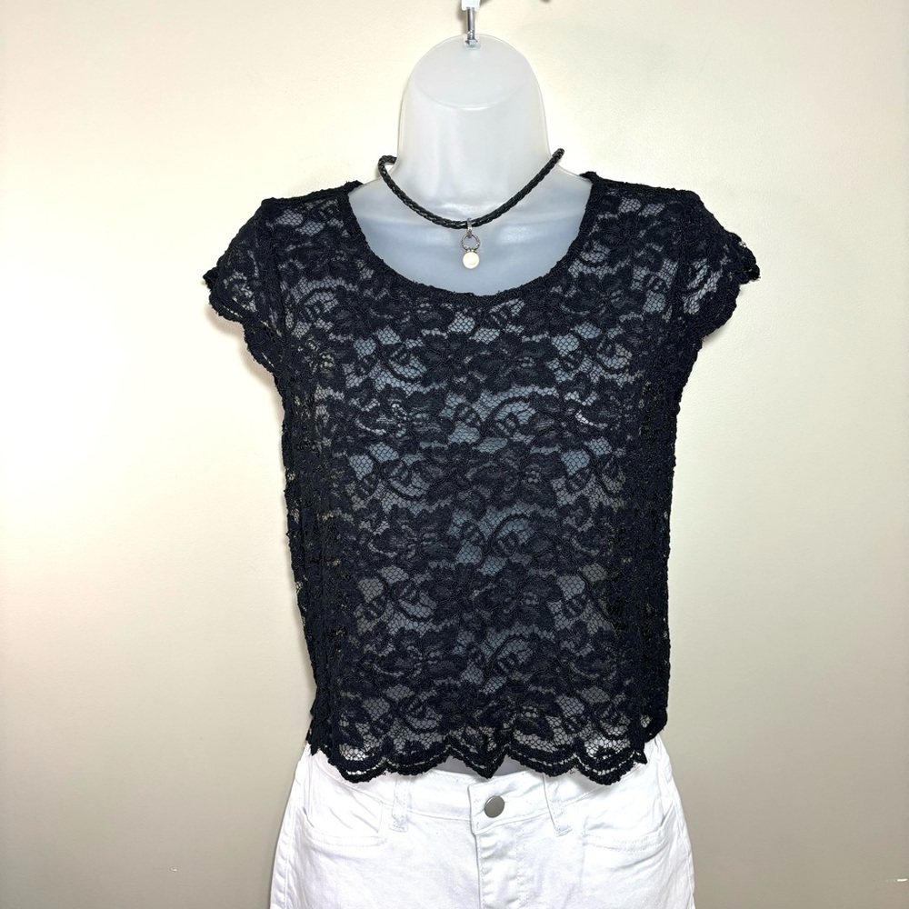 Black Floral Lace Top with Cap Sleeve Sheer Fairycore Romantic Boho Stylish Chic